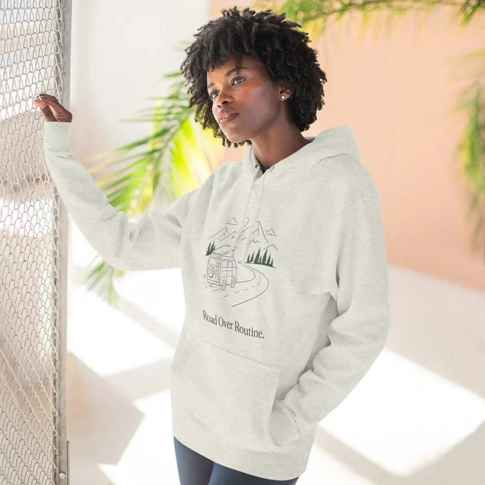 Three-Panel Fleece Hoodie - "Road Over Routine" Design Minimal-Line