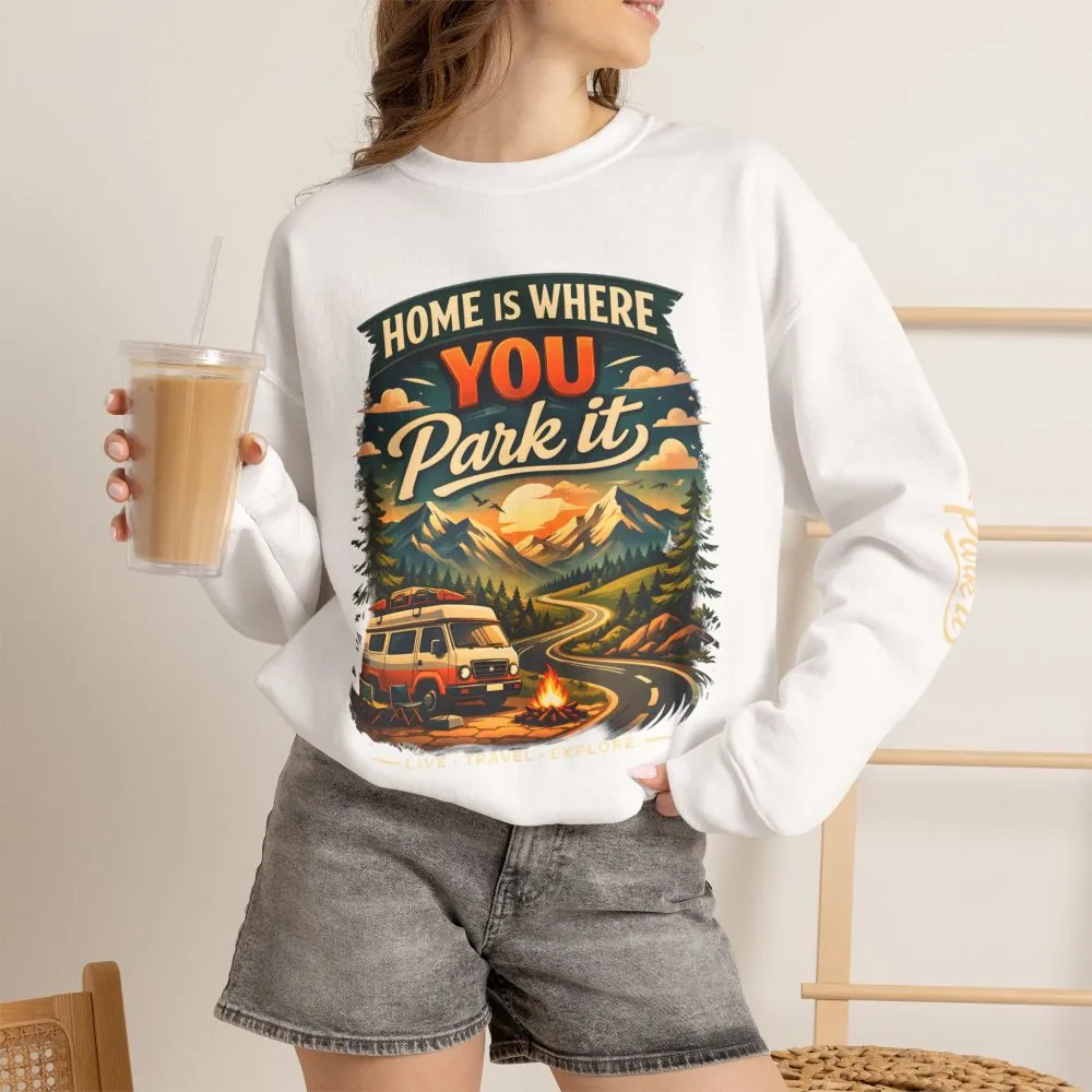 Unisex Heavy Blend™ Crewneck Sweatshirt — "Home Is Where You Park It" Design Scenic-Line