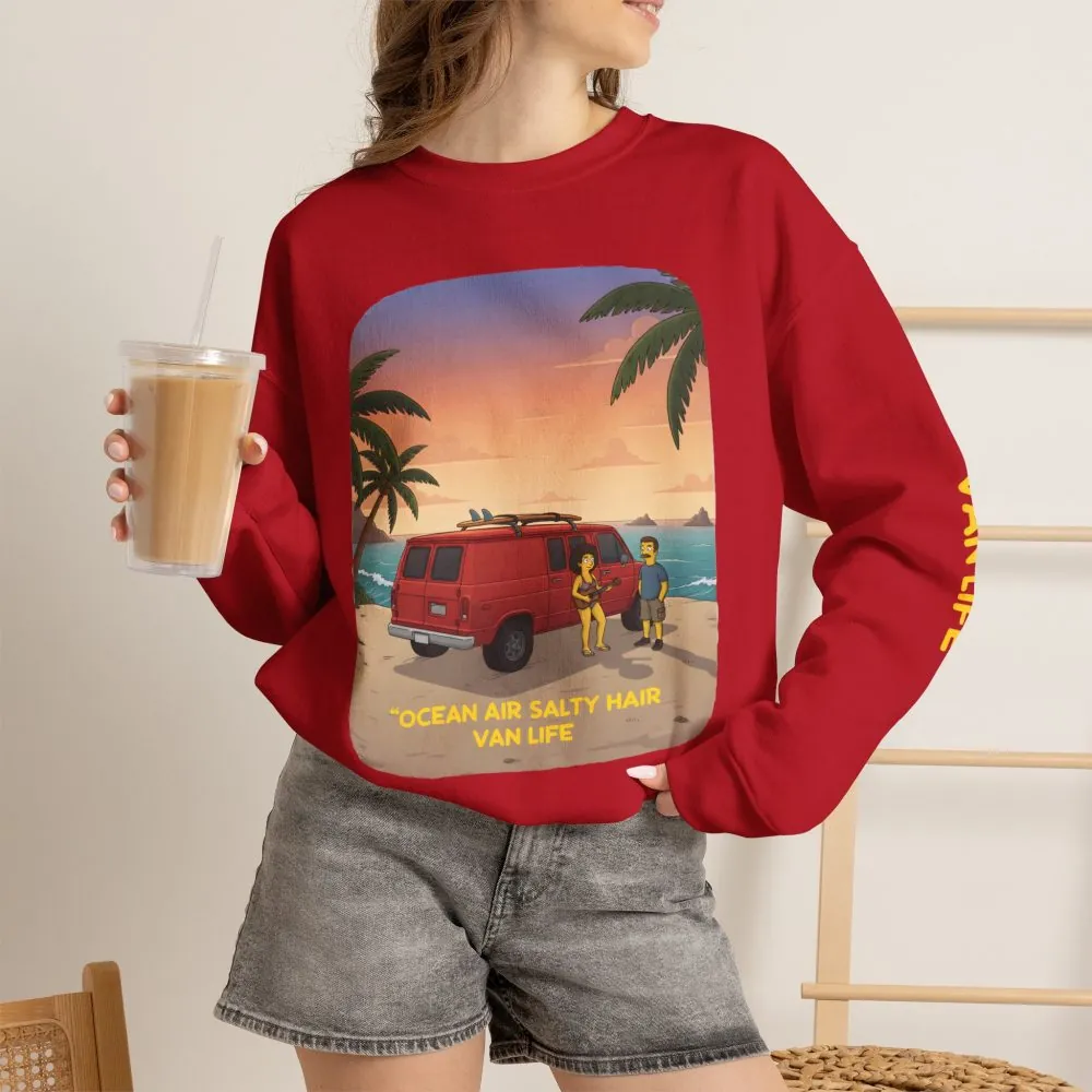 Unisex Heavy Blend™ Crewneck Sweatshirt — "Ocean Air Salty Hair Van Life" Design Sitcom-Line