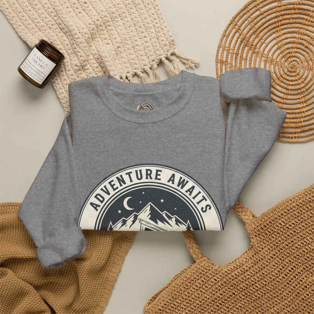 Crewneck Sweatshirt — "Adventure Awaits-Go Where You Feel Most Alive" (Font + Back + Sleaves printed) Vintage Camper Van Outdoor Graphic