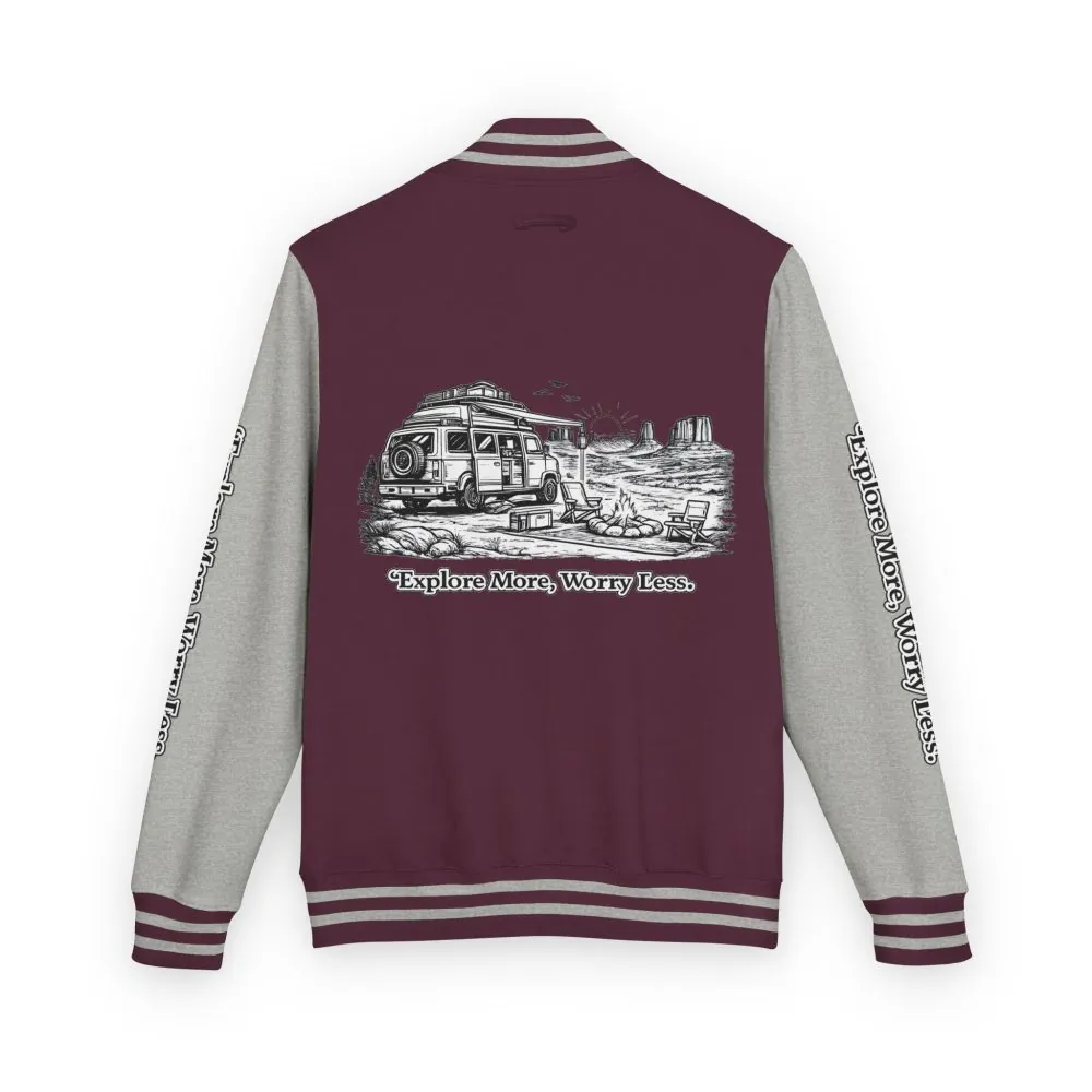 13327936654678750305_2048.jpeg Unisex Heavyweight Letterman Jacket — "Explore More Worry Less" Travel Varsity Coat