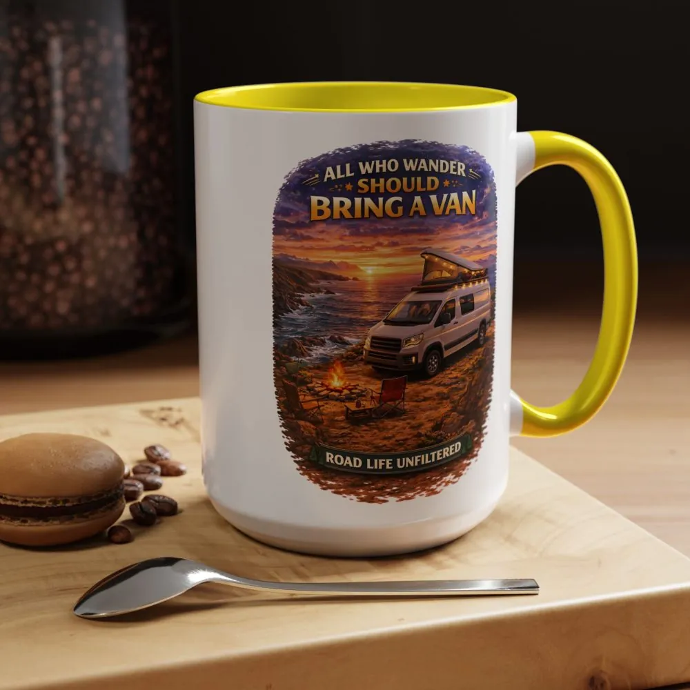 Accent Coffee Mug (11, 15oz) — "All Who wander Should Bring A Van" Design Scenic-Line