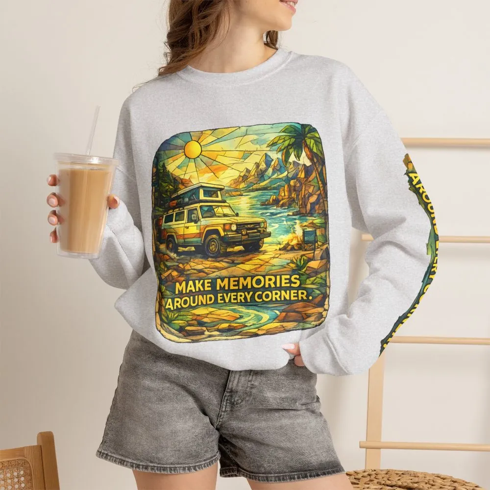 Unisex Heavy Blend™ Crewneck Sweatshirt — "Make Memories Around Every Corner" Design Cubic-Line