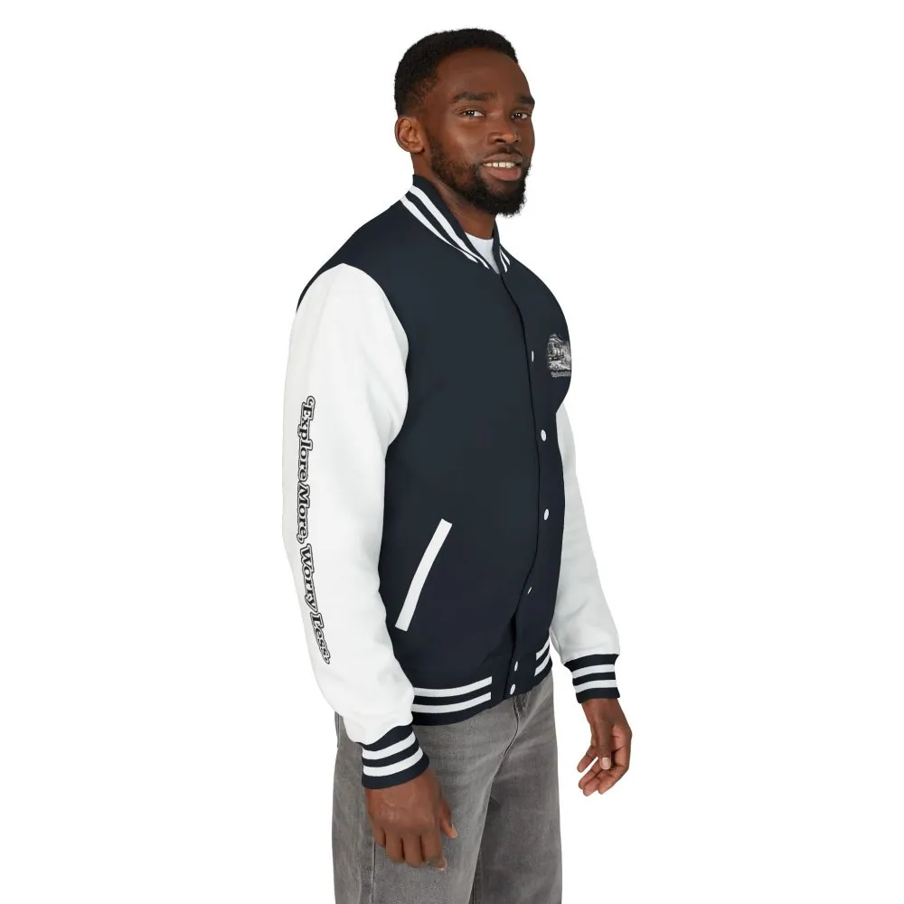 13380788709734216333_2048.jpeg Unisex Heavyweight Letterman Jacket — "Explore More Worry Less" Travel Varsity Coat