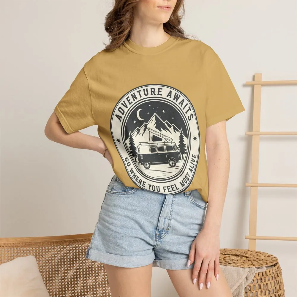 1340778367545264062_2048.jpeg T-Shirt — "Adventure Awaits-Go Where You Feel Most Alive" (Front + Back Printed) Outdoor Travel Tee