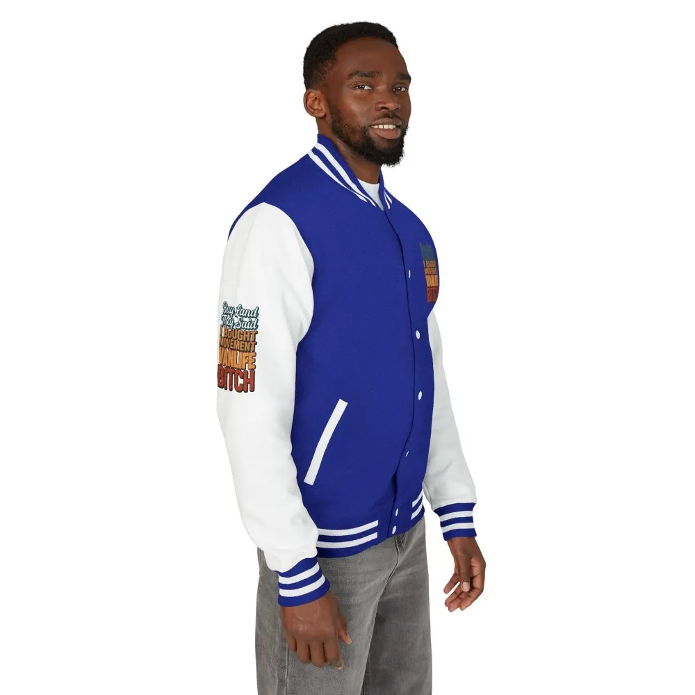 13425799295413846105_2048.jpeg Unisex Heavyweight Letterman Jacket — "Buy Land They Said" Design F**K-Line