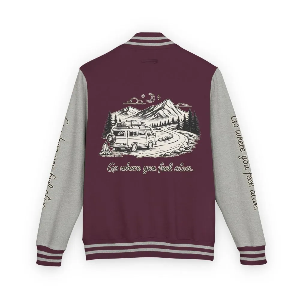 13450627395266912114_2048.jpeg Unisex Heavyweight Letterman Jacket — "Go Where You Feel Alive" Travel Varsity Coat