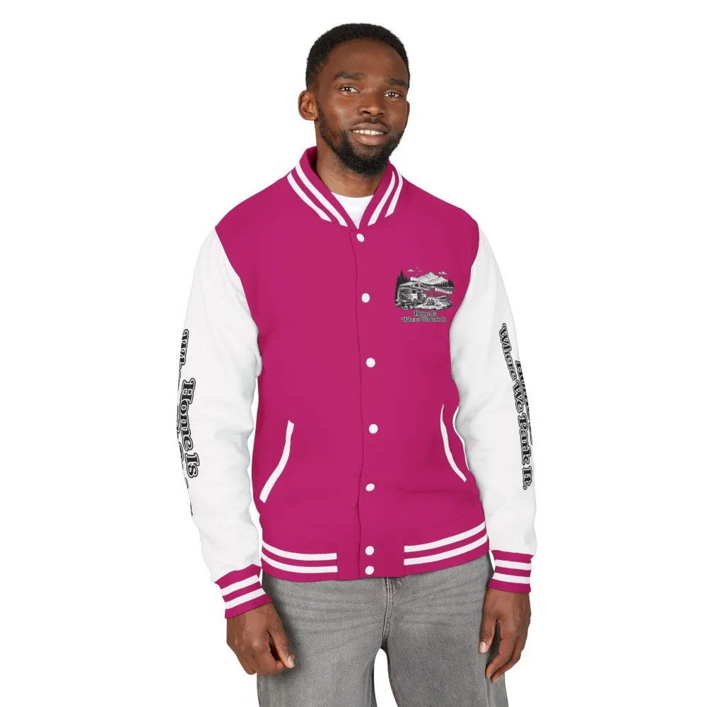 13450939236180436959_2048.jpeg Unisex Heavyweight Letterman Jacket — "Home Is Where You Park It" Travel Varsity Coat