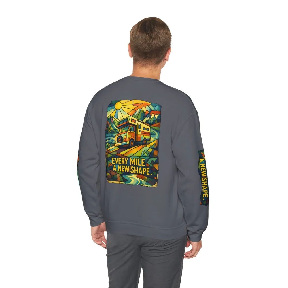 Unisex Heavy Blend™ Crewneck Sweatshirt — "Every Mile A New Shape" Design Cubic-Line