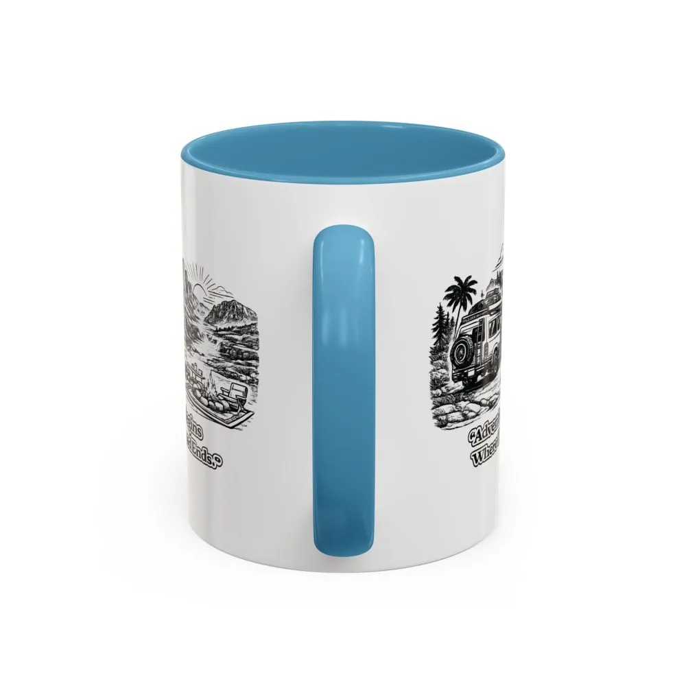 13490217475348358545_2048.jpeg Accent Coffee Mug (11, 15oz) — "Adventure Begins Where The Road Ends" Design Minimal-Line