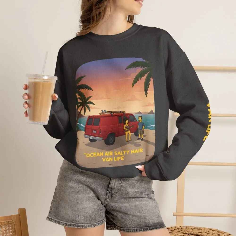 Unisex Heavy Blend™ Crewneck Sweatshirt — "Ocean Air Salty Hair Van Life" Design Sitcom-Line