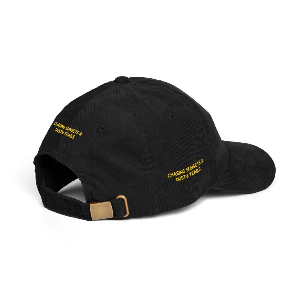 Vintage Corduroy Cap (Embroidery) — "Chasing Sunsets & Dusty Trails" Embroidered Hat