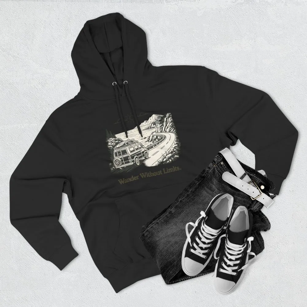 Three-Panel Fleece Hoodie - "Wander Without Limits" Design Minimal-Line
