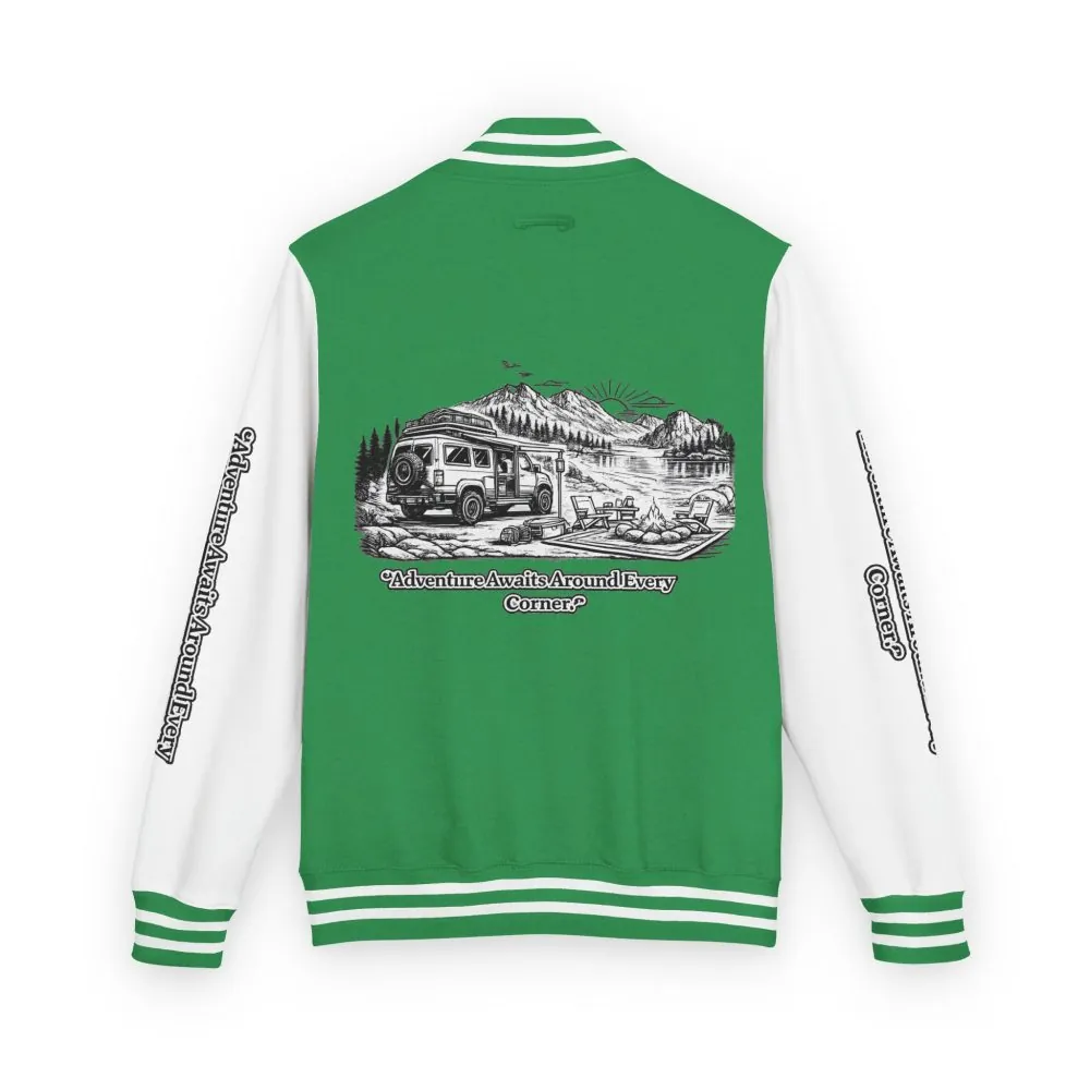 13734847875045566920_2048.jpeg Unisex Heavyweight Letterman Jacket — "Adventure Awaits Around Every Corner" Travel Varsity Coat