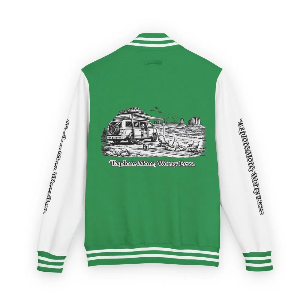 1375686650547709122_2048.jpeg Unisex Heavyweight Letterman Jacket — "Explore More Worry Less" Travel Varsity Coat