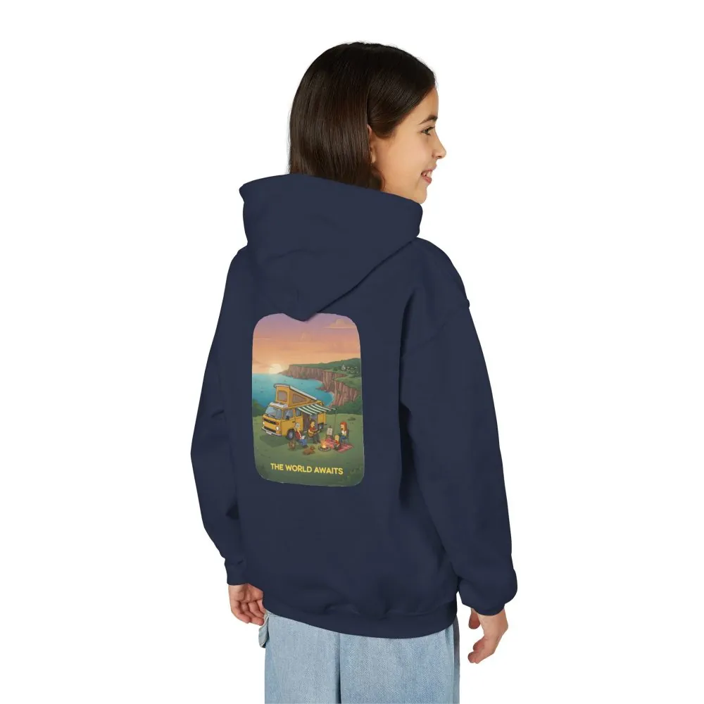 Youth Hoodie(Gildan) – "The World Awaits" (Design Sitcom-Line)