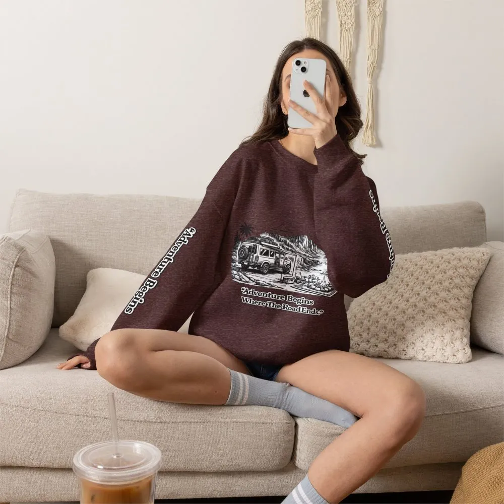 13793361086196620881_2048.jpeg Unisex Heavy Blend™ Crewneck Sweatshirt — "Adventure Begins Where The Road Ends" Design Minimal-Line