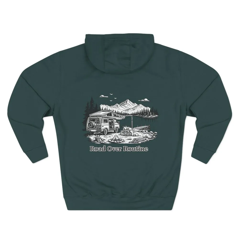 Three-Panel Fleece Hoodie - "Road Over Routine" Design Minimal-Line