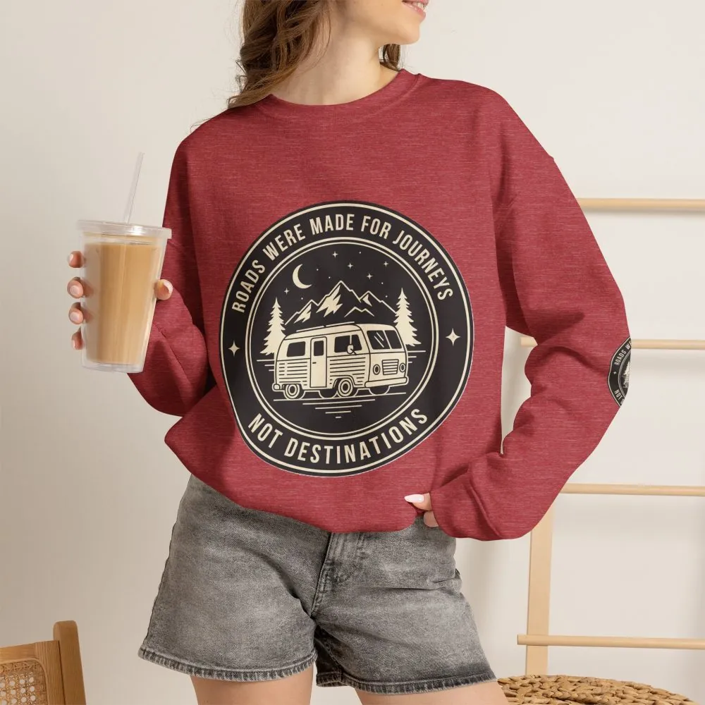 13834115662756965363_2048.jpeg Crewneck Sweatshirt — "ROAD WHERE MADE FOR JOURNEYS-NOT DESTINATIONS" (Font + Back + Sleaves printed) Vintage Camper Van Outdoor Graphic