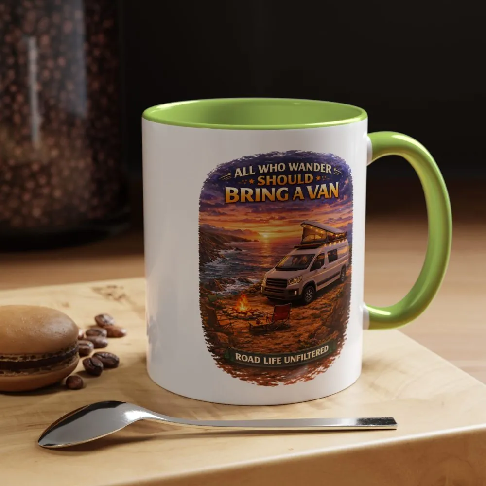 Accent Coffee Mug (11, 15oz) — "All Who wander Should Bring A Van" Design Scenic-Line