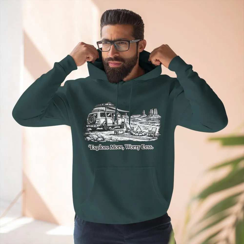 Three-Panel Fleece Hoodie - "Explore More Worry Less" Design Minimal-Line
