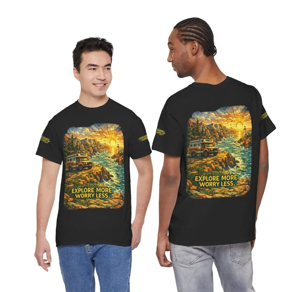 13882018234026319580_2048.jpeg Unisex Heavy Cotton Tee — "Explore More Worry Less" Design Cubic-Line
