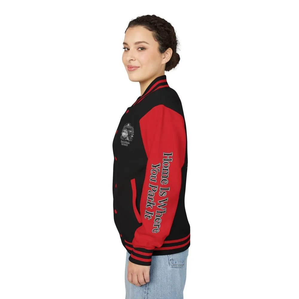 1388953526236868579_2048.jpeg Unisex Heavyweight Letterman Jacket — "Home Is Where You Park It" Travel Varsity Coat