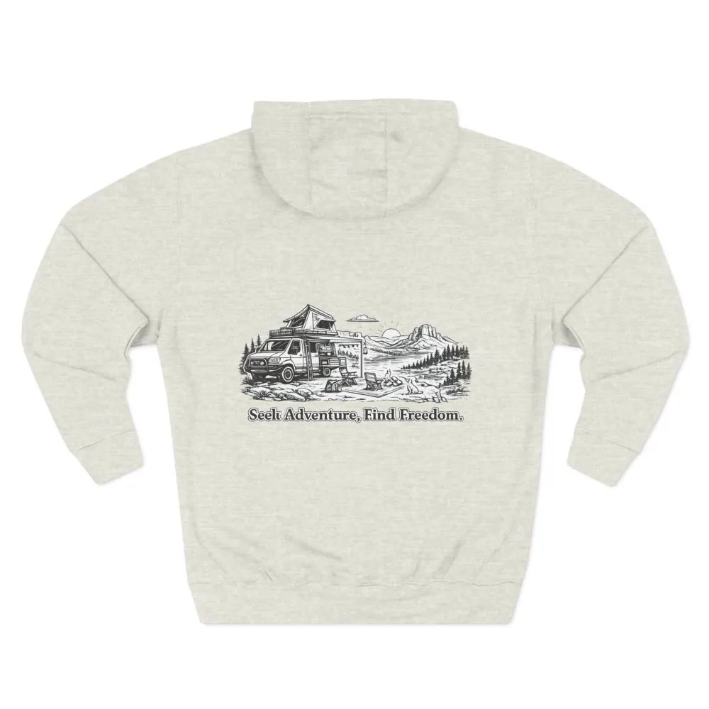 Three-Panel Fleece Hoodie - "Seek Adventure, Find Freedom" Design Minimal-Line