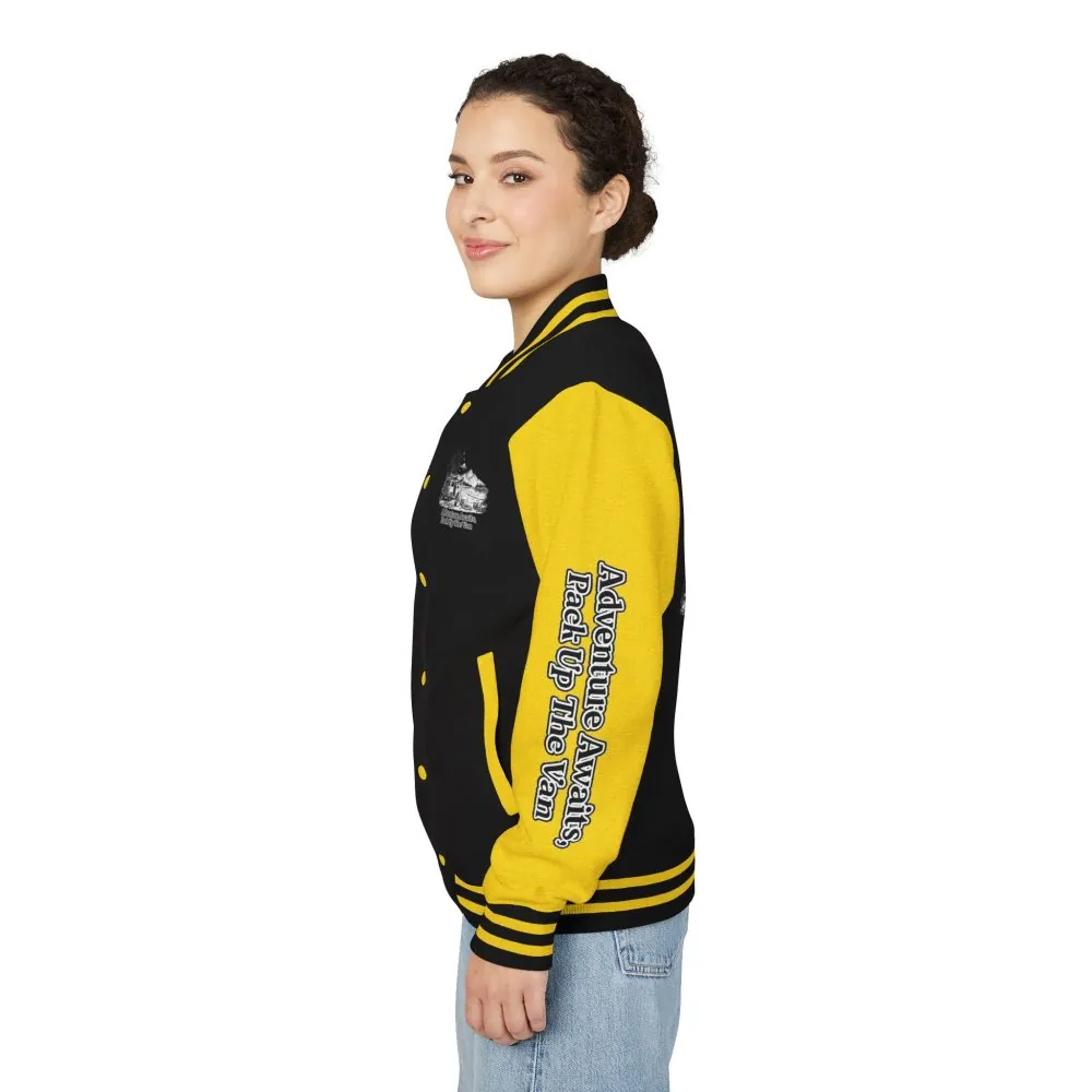 13932868908416873886_2048.jpeg Unisex Heavyweight Letterman Jacket — "Adventure Awaits,Pack Up The Van" Travel Varsity Coat