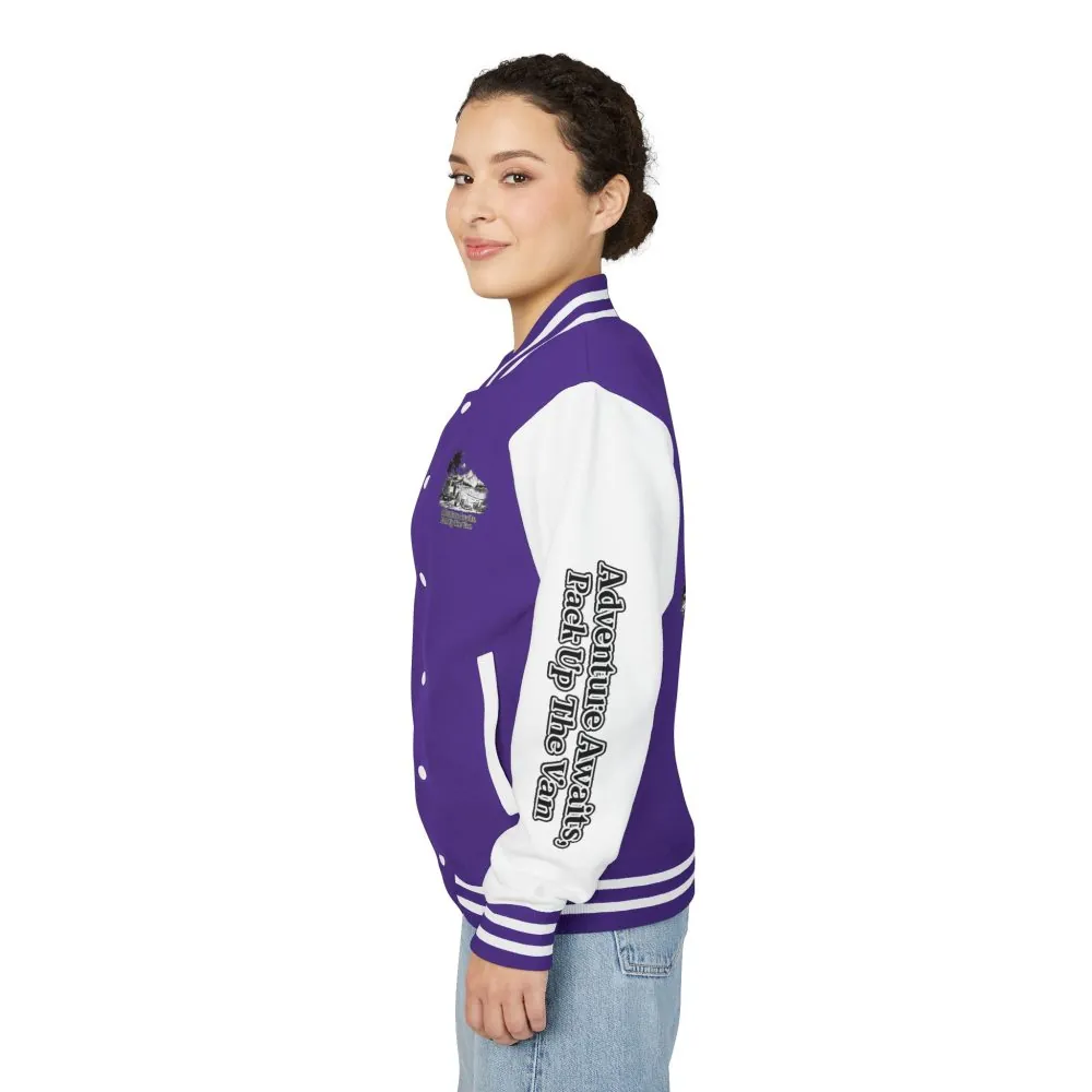 13939226030605659619_2048.jpeg Unisex Heavyweight Letterman Jacket — "Adventure Awaits,Pack Up The Van" Travel Varsity Coat