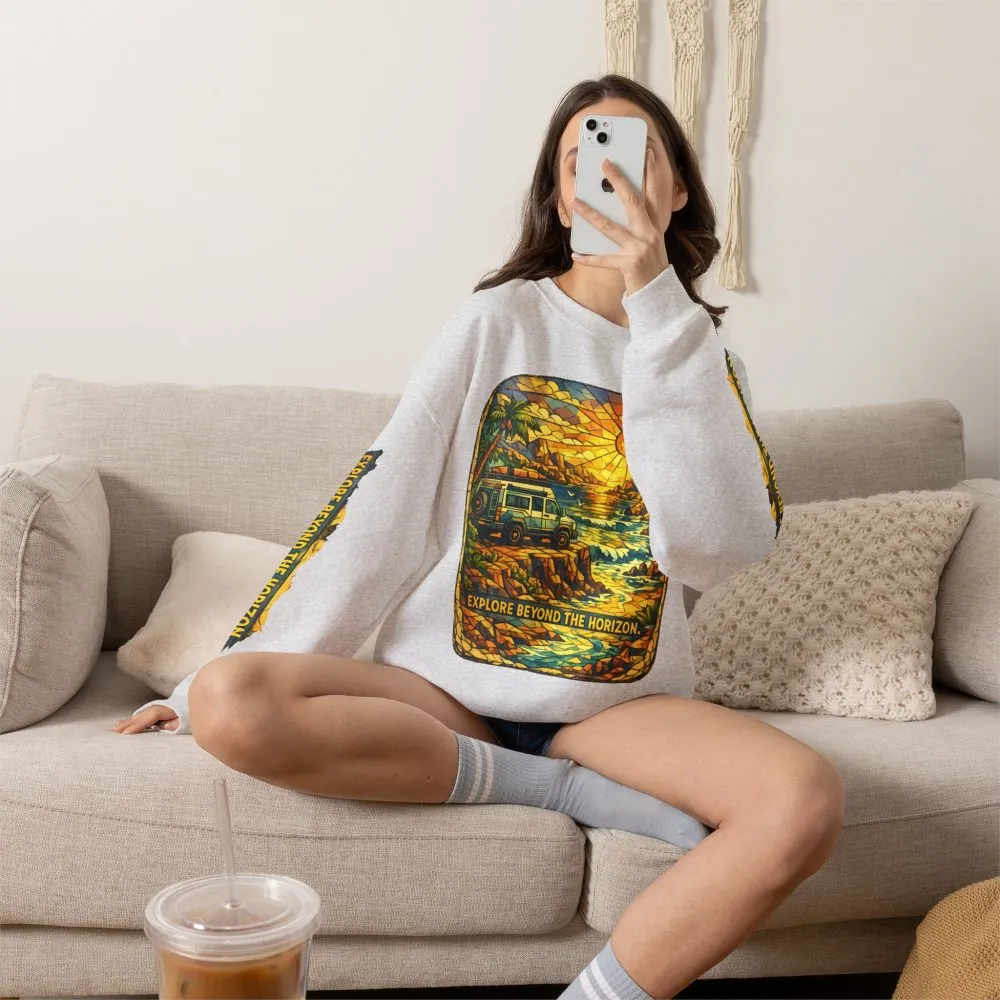 Unisex Heavy Blend™ Crewneck Sweatshirt — "Explore Beyond The Horizon" Design Cubic-Line