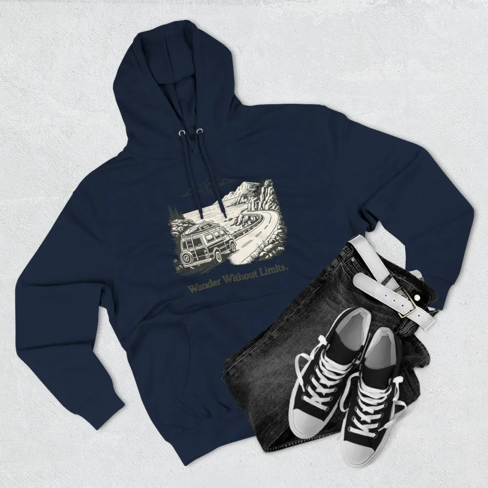 Three-Panel Fleece Hoodie - "Wander Without Limits" Design Minimal-Line