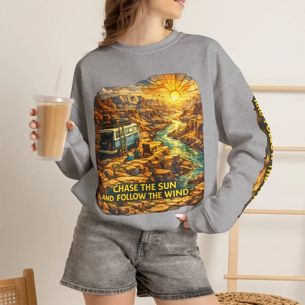 Unisex Heavy Blend™ Crewneck Sweatshirt — "Chase The Sun And Follow The Wind" Design Cubic-Line