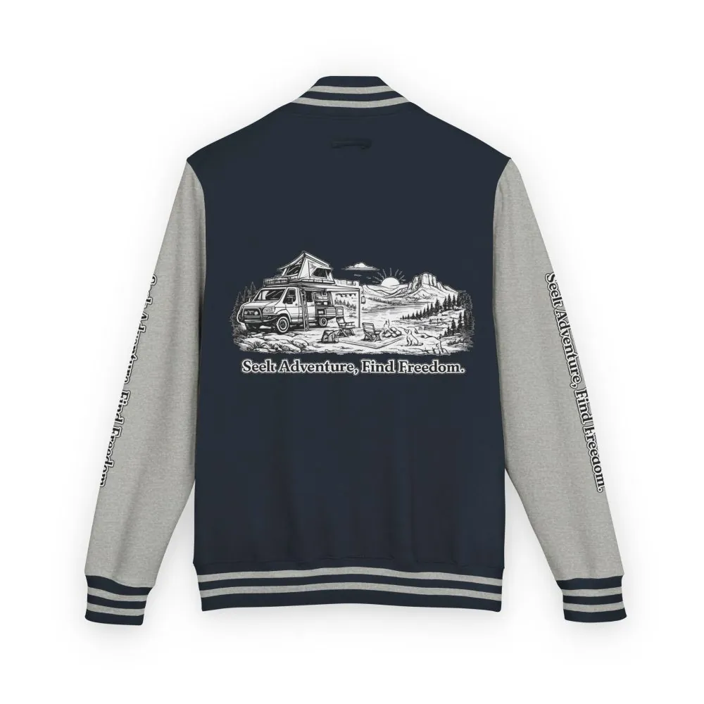 Unisex Heavyweight Letterman Jacket — "Seek Adventure, Find Freedom" Travel Varsity Coat