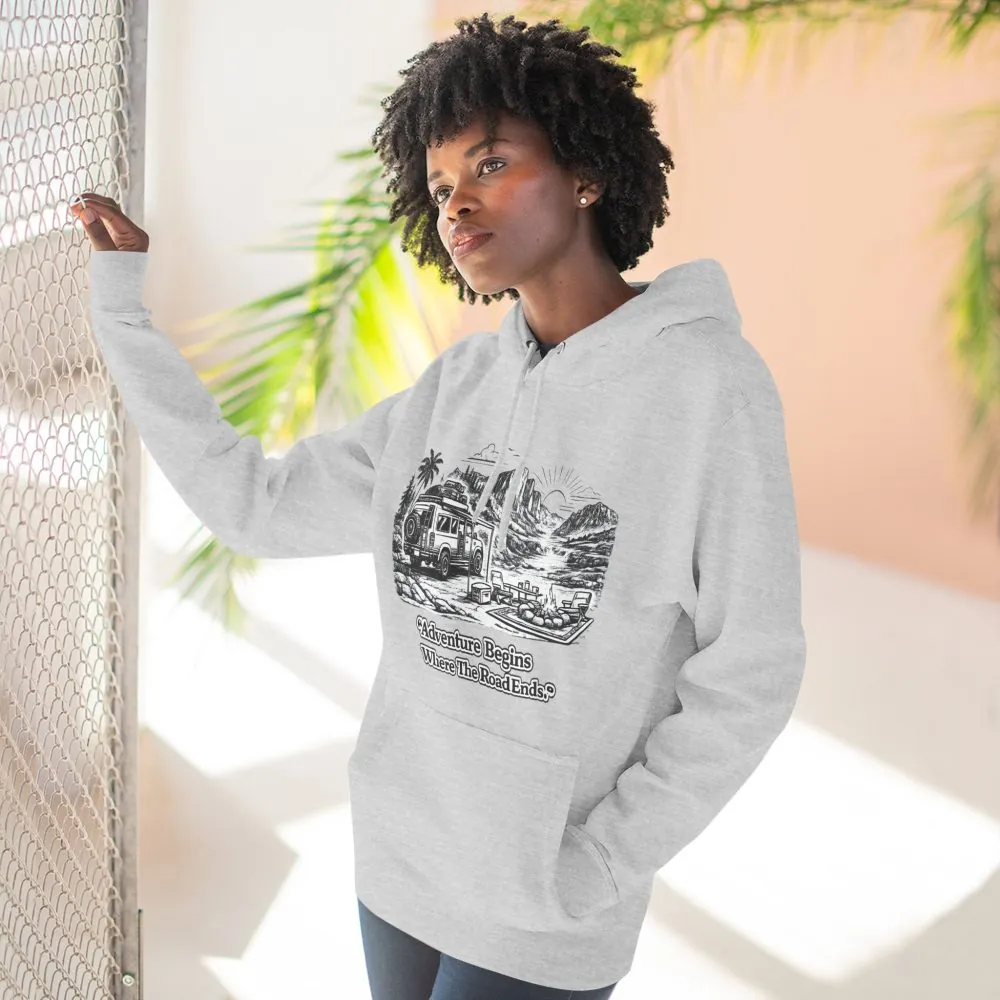 14017293103313908765_2048.jpeg Three-Panel Fleece Hoodie - "Adventure Begins Where The Road Ends" Design Minimal-Line