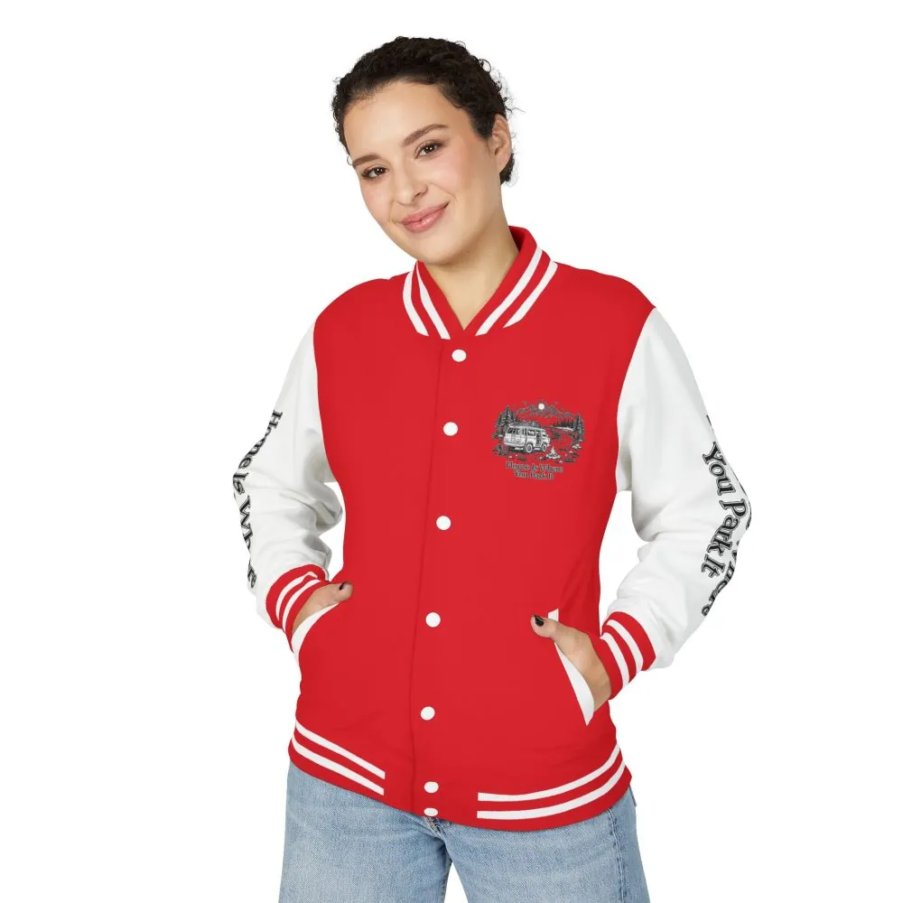 14027782412455469511_2048.jpeg Unisex Heavyweight Letterman Jacket — "Home Is Where You Park It" Travel Varsity Coat