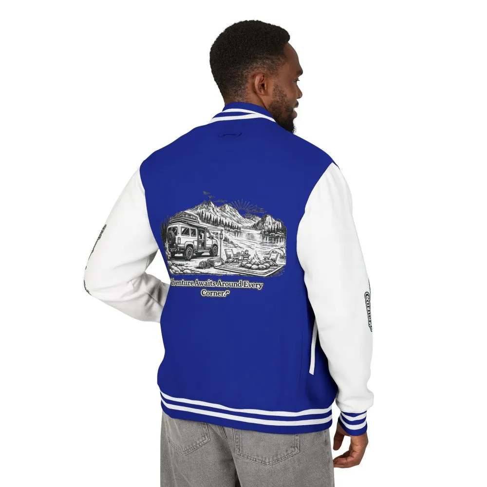 14044154184062852672_2048.jpeg Unisex Heavyweight Letterman Jacket — "Adventure Awaits Around Every Corner" Travel Varsity Coat