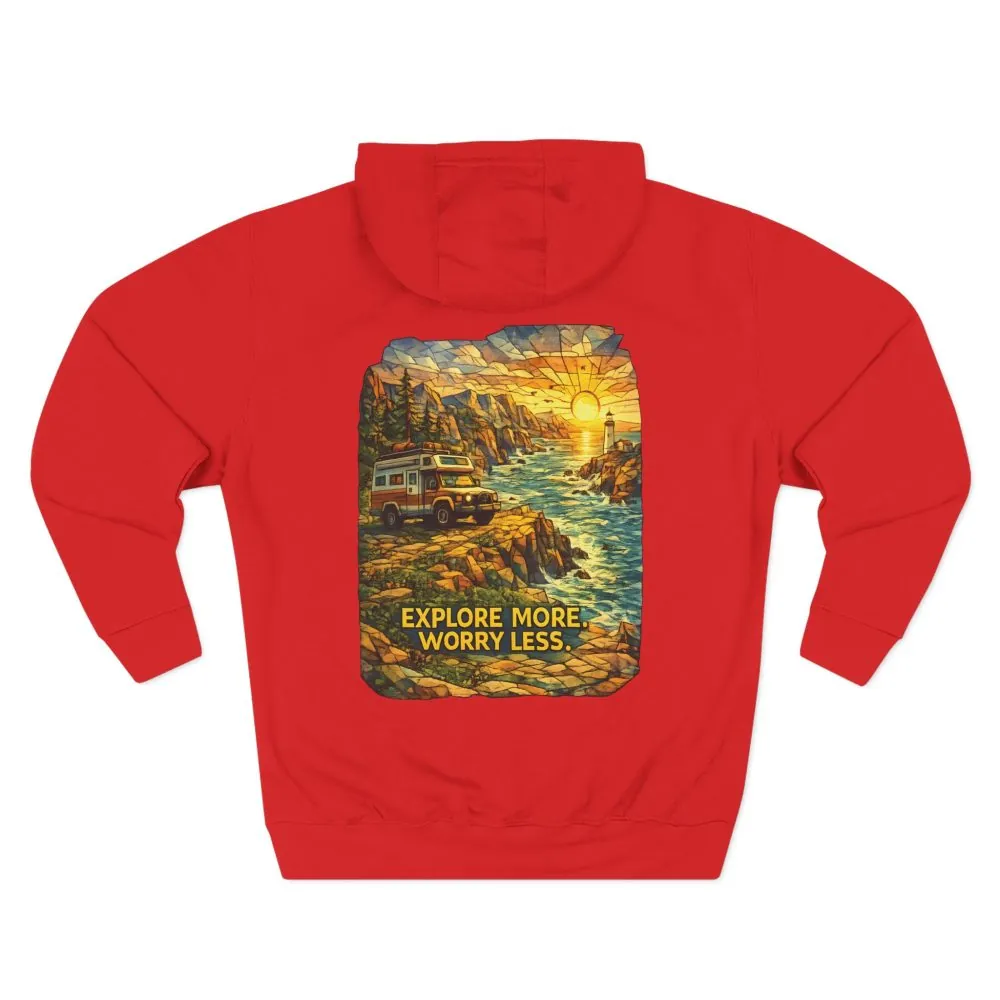 Three-Panel Fleece Hoodie - "Explore More Worry Less" Design Cubic-Line