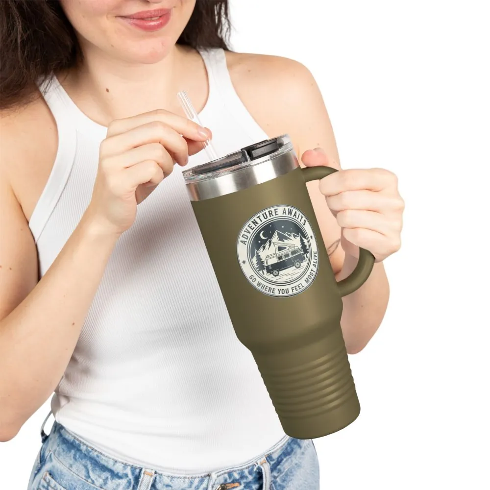 14144033812834572592_2048.jpeg Insulated Travel Mug - "Adventure Awaits-Go Where You Feel Most Alive" (40oz) – Retro Camper Design, Keep Drinks Hot or Cold