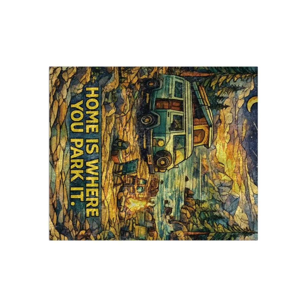 Crushed Velvet Blanket —"Home Is Where You Park It" Design Cubic-Line (Campervan)