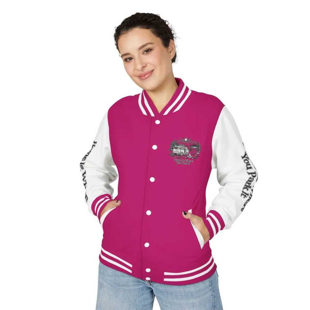 14212780174764580452_2048.jpeg Unisex Heavyweight Letterman Jacket — "Home Is Where You Park It" Travel Varsity Coat