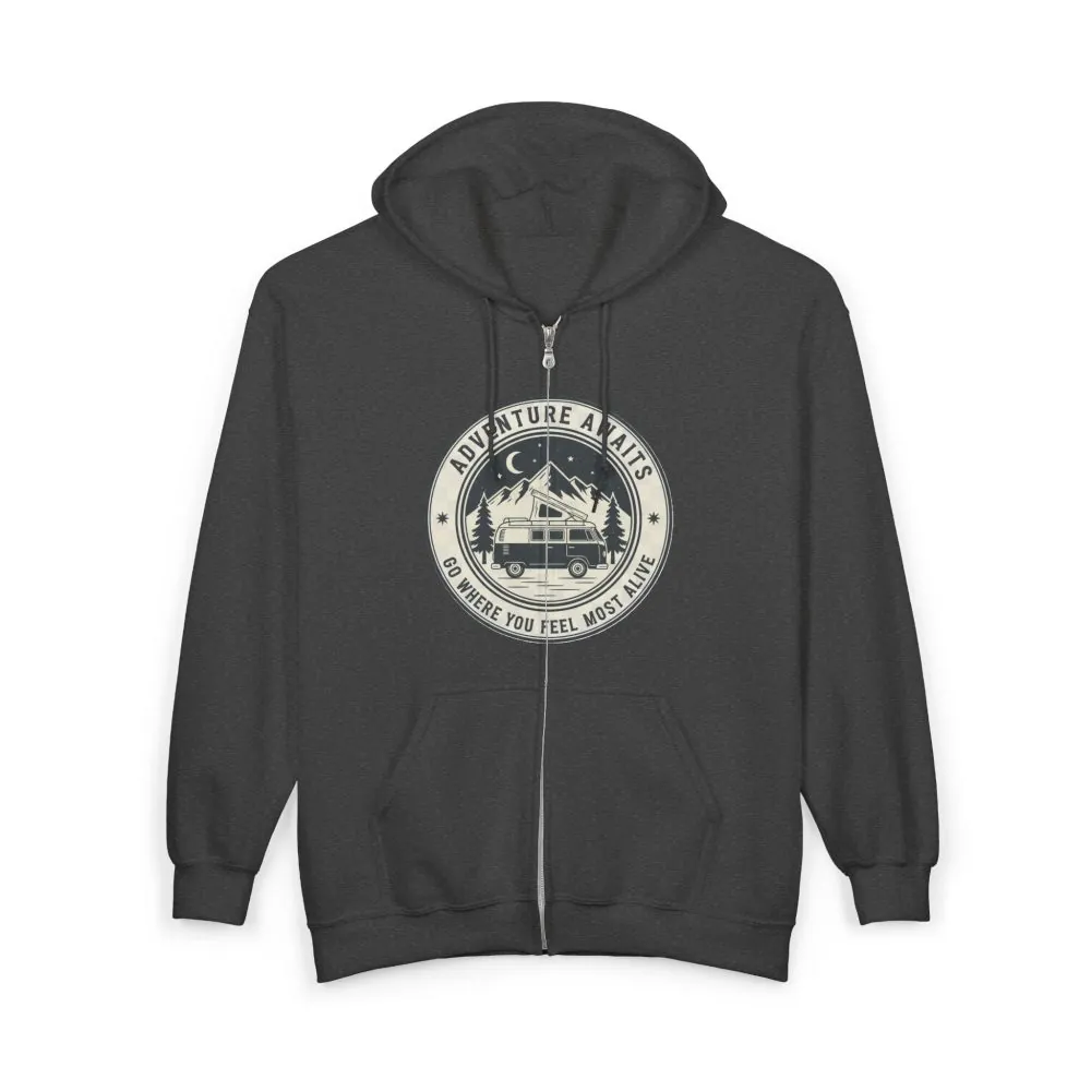 14213695985939822545_2048.jpeg Zip Hoodie — "Adventure Awaits-Go Where You Feel Most Alive" (Only Front Printed) Camper Van Adventure Zip-Up