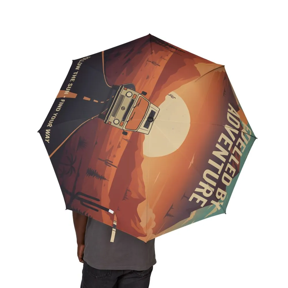 Semi-Automatic Foldable Umbrella — "Fueled By Adventure" Vintage Adventure Print