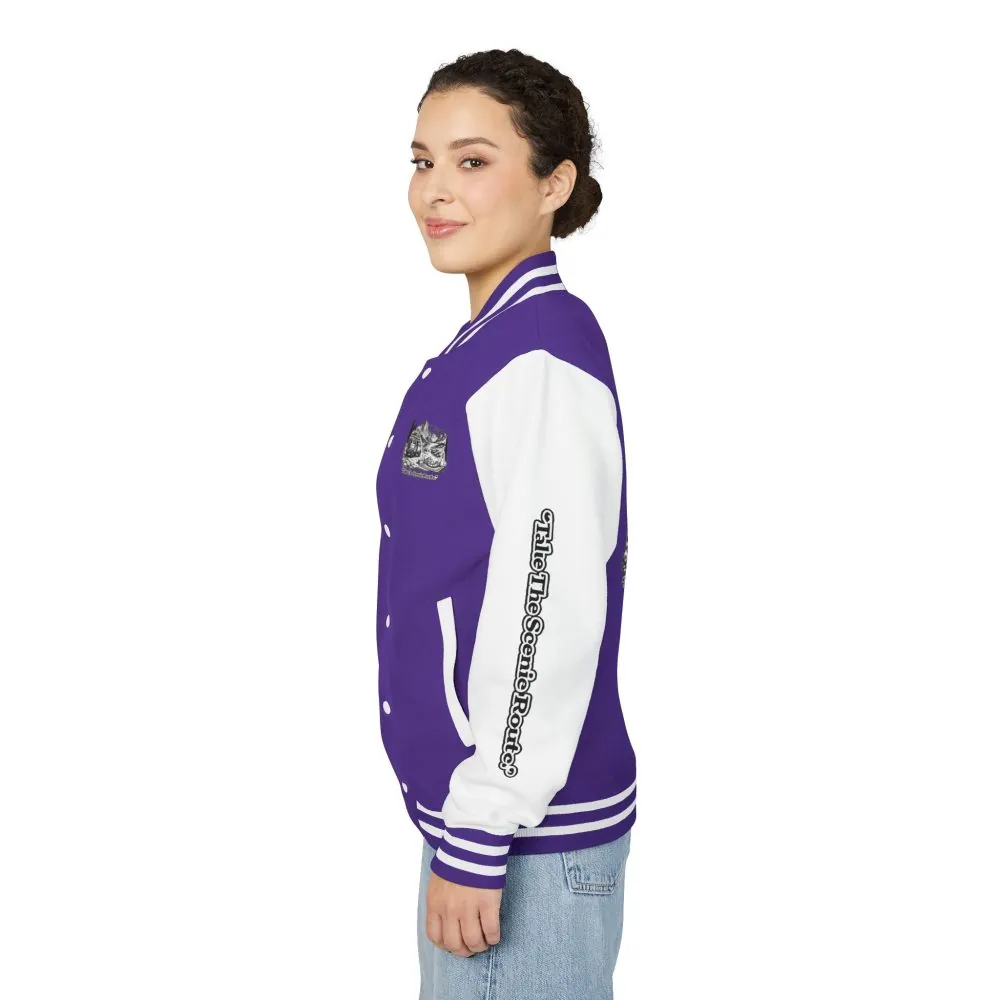 14249579131222330525_2048.jpeg Unisex Heavyweight Letterman Jacket — "Take The Scenic Route" Travel Varsity Coat