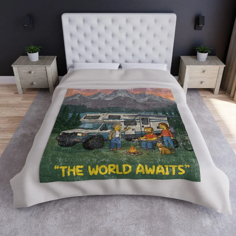 Crushed Velvet Blanket —"The World Awaits" Design Sitcom-Line (Campervan)