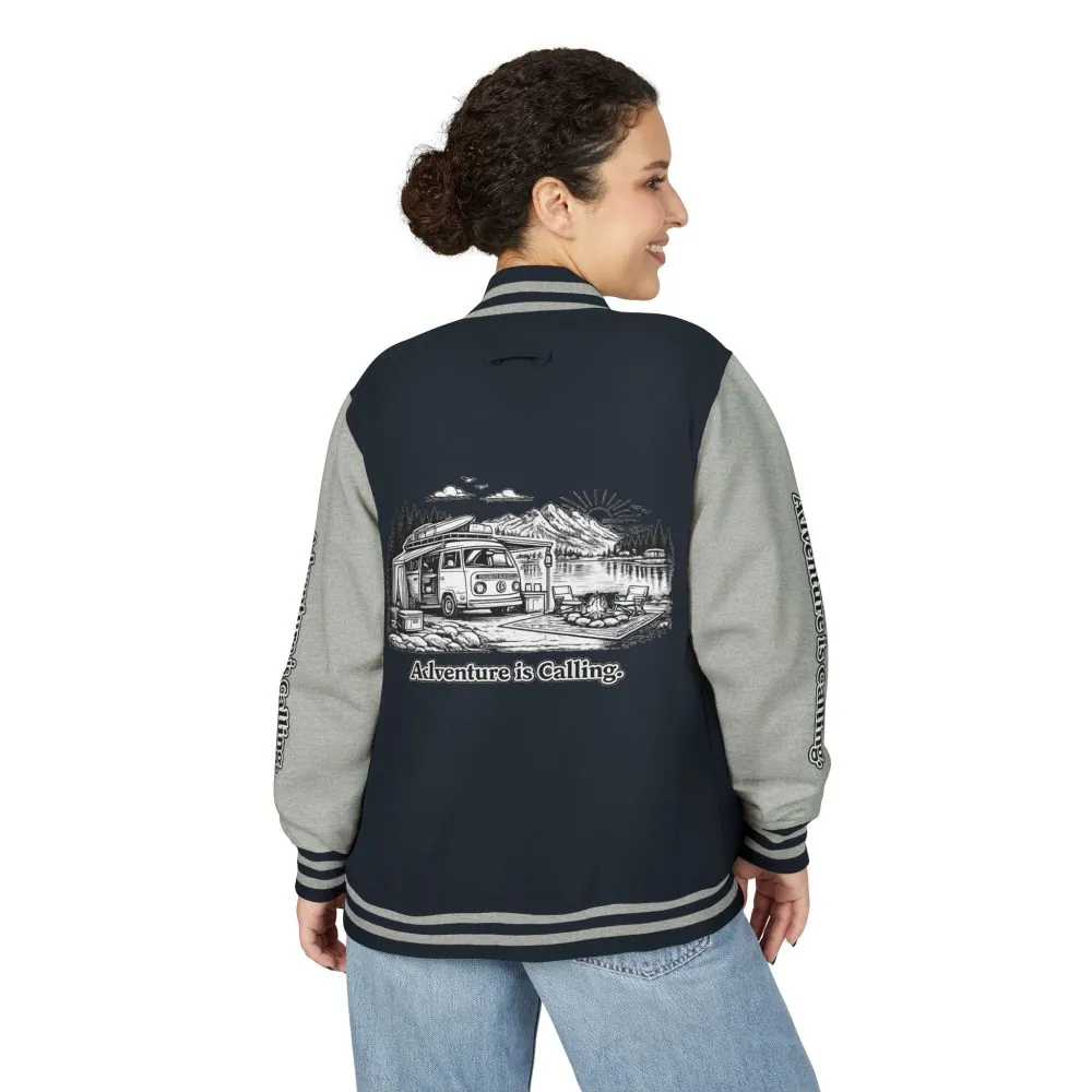 14275630744193810740_2048.jpeg Unisex Heavyweight Letterman Jacket — "Adventure Is Calling" Travel Varsity Coat