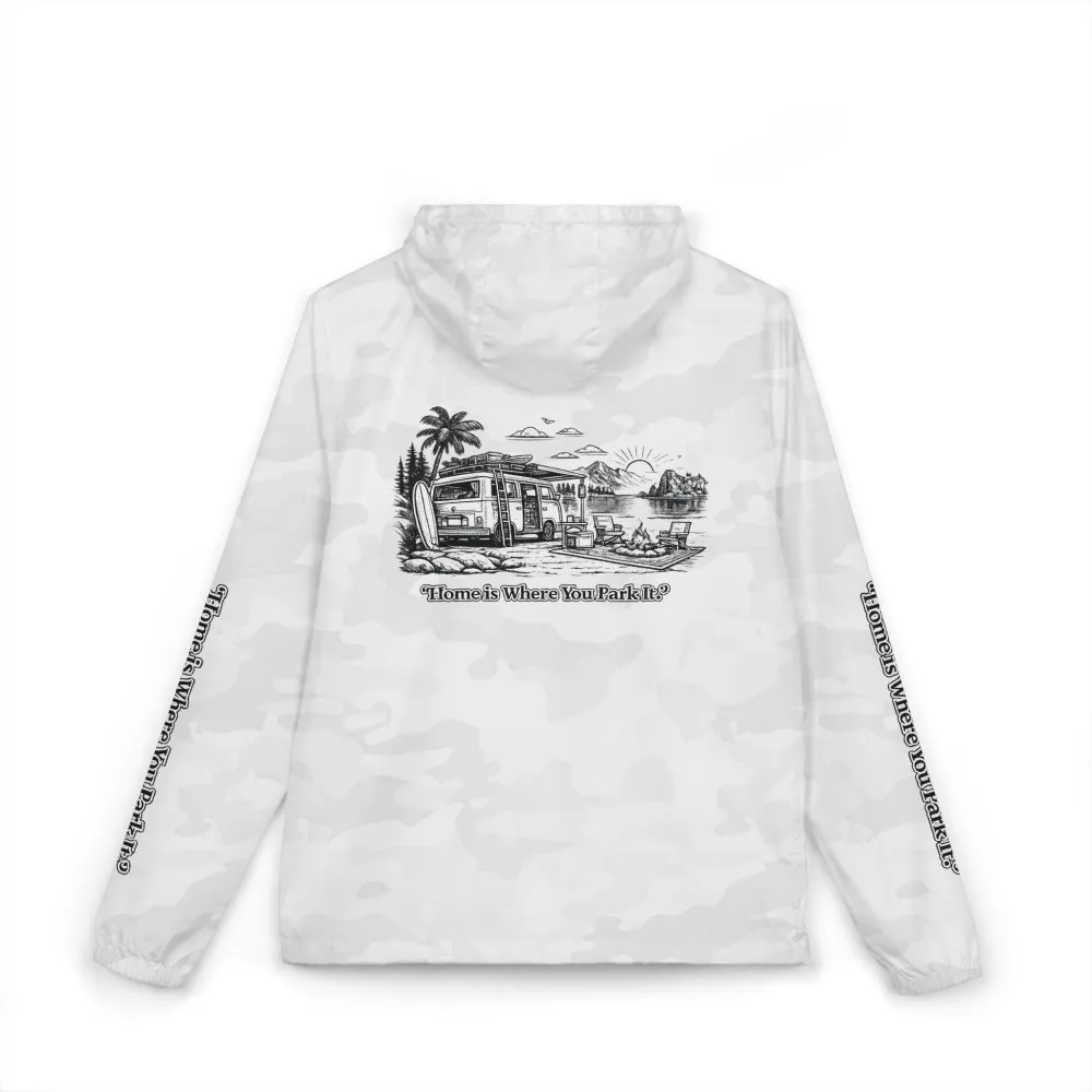 Unisex Full-Zip Windbreaker Jacket — "Home Is Where You Park It" (Design "Minimal-Line")