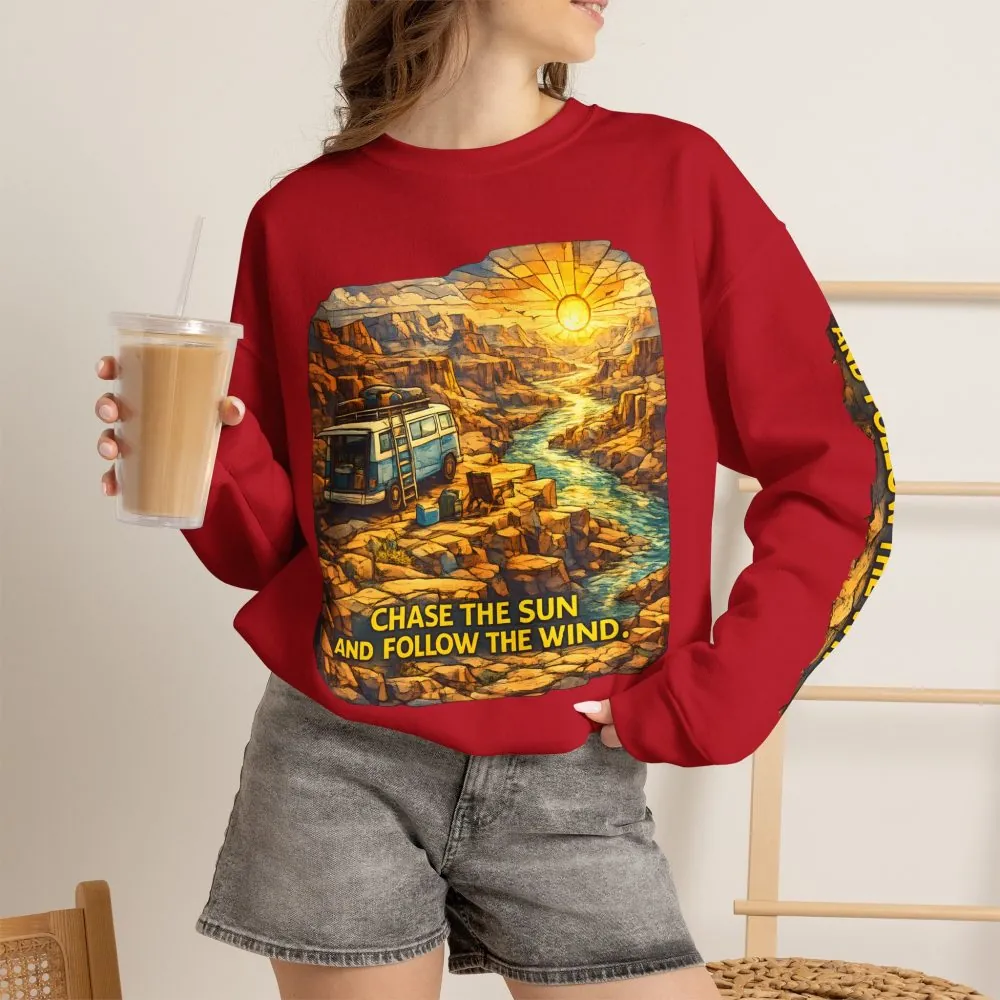 Unisex Heavy Blend™ Crewneck Sweatshirt — "Chase The Sun And Follow The Wind" Design Cubic-Line