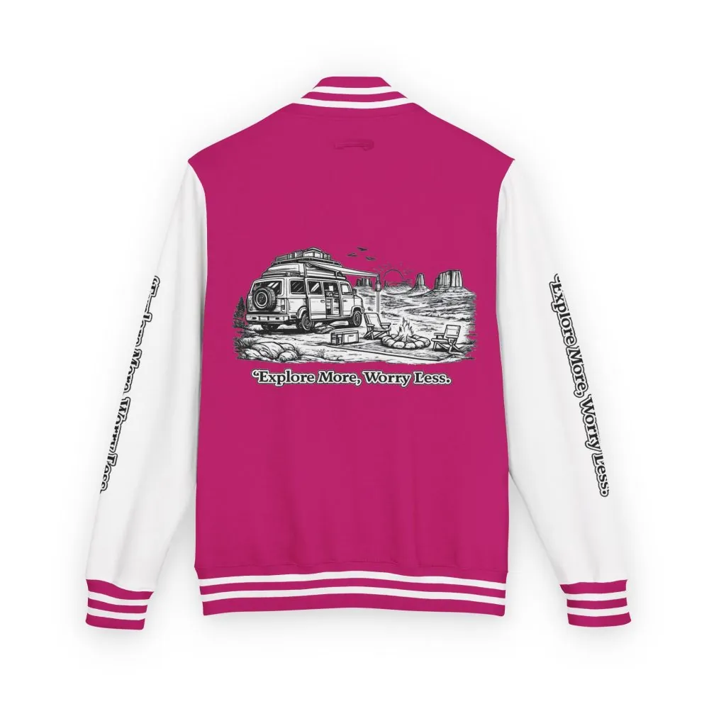 14314604785763617071_2048.jpeg Unisex Heavyweight Letterman Jacket — "Explore More Worry Less" Travel Varsity Coat
