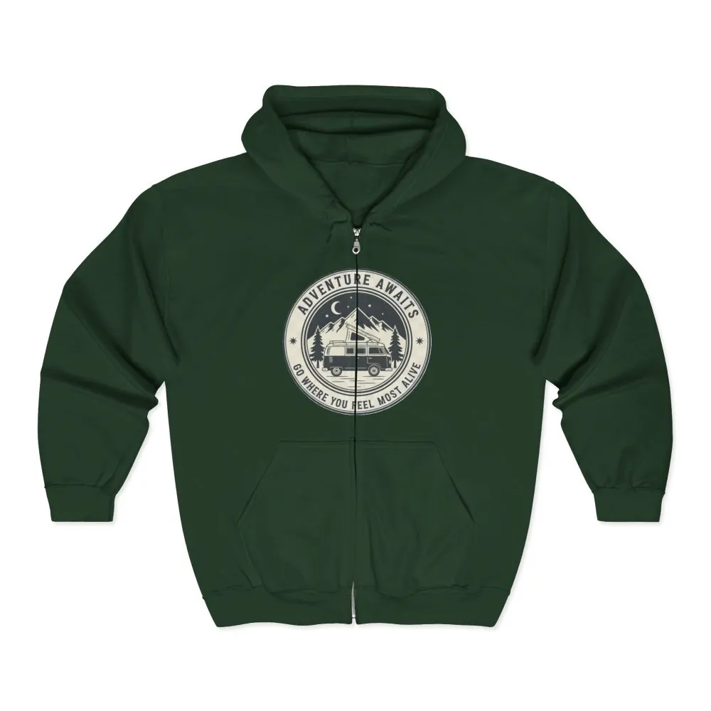 14346761850288916112_2048.jpeg Zip Hoodie — "Adventure Awaits-Go Where You Feel Most Alive" (Only Front Printed) Camper Van Adventure Zip-Up